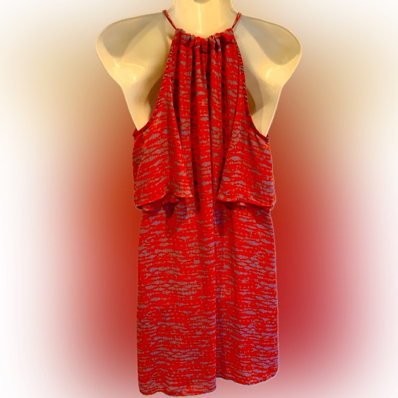 VERONICA M Dress Women’s M 8-10 Red Blue Abstract Print Halter Cold Shoulder - Picture 2 of 7